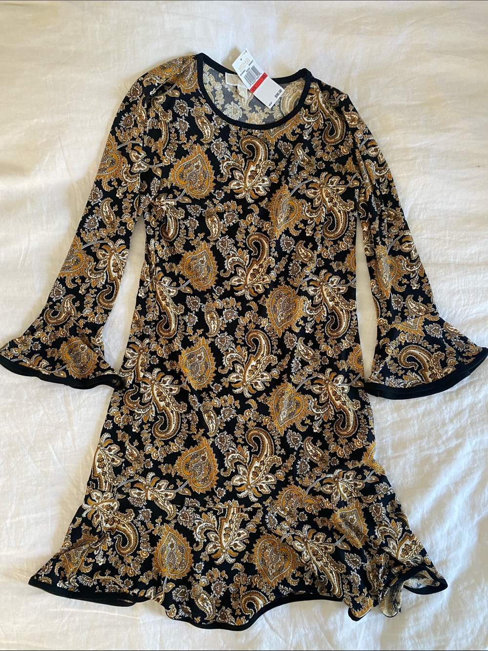 NWT Michael Kors Black and Gold Paisley Midi Dress Size XS